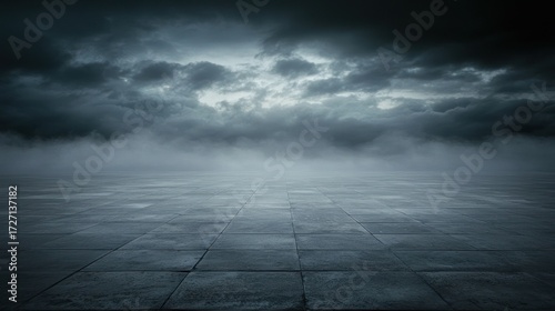 Stormy sky over misty concrete ground