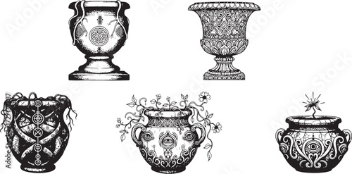 Ornate vessels and mystical cauldrons occult