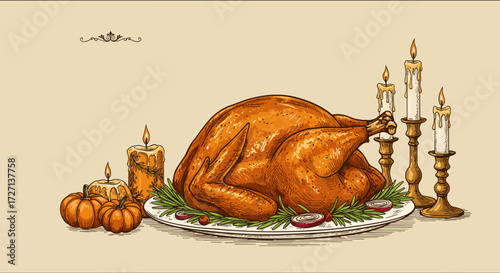 Thanksgiving turkey served with candles and pumpkins on a platter  