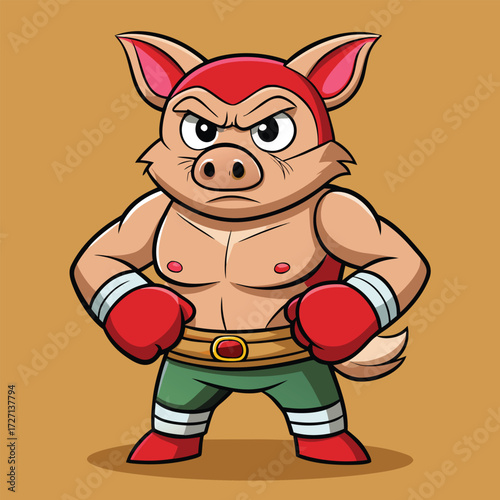 A strong and determined cartoon pig character wearing boxing gloves and shorts poses confidently, showcasing its muscular physique and ready for a boxing match.