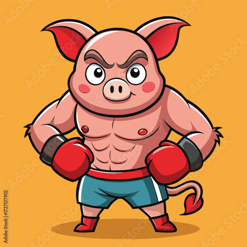 A strong and determined cartoon pig character wearing boxing gloves and shorts poses confidently, showcasing its muscular physique and ready for a boxing match.