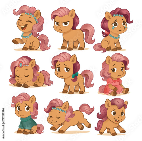 A set of vector illustrations of horses in different poses and moods