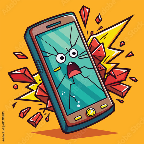 A colorful graphic depicts a smartphone with a cracked screen and a distressed cartoon face, surrounded by abstract shattered pieces and lightning bolts, suggesting a sudden accident.