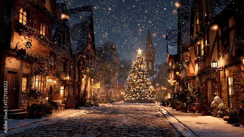 A charming christmas scene in a snowcovered european village at nighttime.