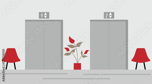Elevators in Office Building with Chairs and Flower Decoration. Official premises of hotel, hospital or other institution hallway vector art