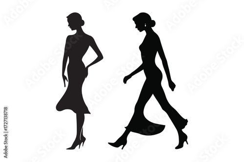 Elegant silhouettes of two women in flowing dresses