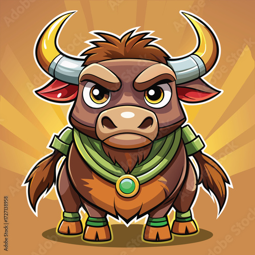 A stylized, determined brown bull with striking golden horns and a vibrant green amulet necklace. Its ready for action or as a bold graphic element.