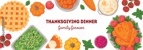 Thanksgiving day, family dinner. Hand drawn flat style. Top view vector illustration. Festive dinner with turkey and potato, apple pie, vegetables, fruits. Autumn food