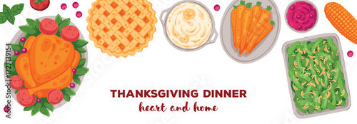 Thanksgiving day, family dinner. Hand drawn flat style. Top view vector illustration. Festive dinner with turkey and potato, apple pie, vegetables, fruits. Autumn food