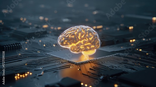 Futuristic Brain Concept Merging Technology and Intelligence on Circuit Board Background in Cybernetic Environment