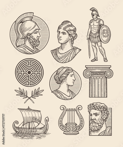 Ancient Greek portraits, column, lyre, labyrinth, and mythological warrior elements.