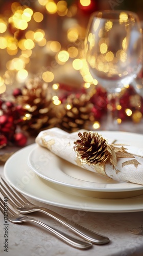 Elegant Holiday Table Setting With Festive Decorations and Golden Accents.