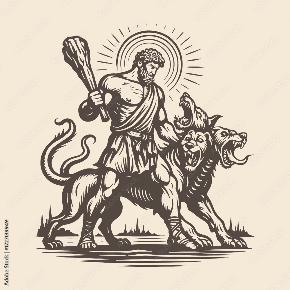Fototapeta premium Heroic depiction of Hercules capturing Cerberus, the three-headed hound of Hades, with club in hand.