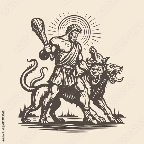 Heroic depiction of Hercules capturing Cerberus, the three-headed hound of Hades, with club in hand.