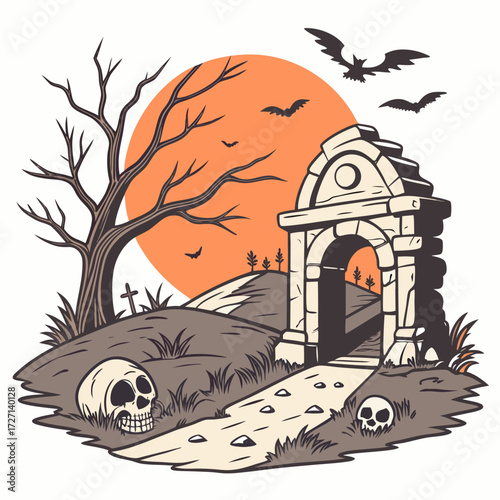 Vintage Spooky Halloween Graveyard Scene