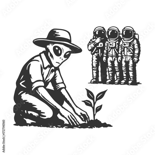 Surreal illustration of alien planting a sapling while astronauts observe in the background.