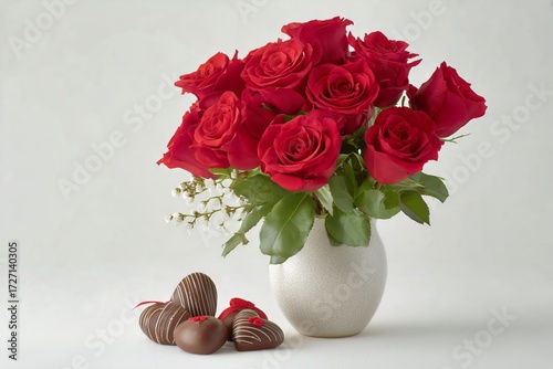Bouquet of Red Roses and Chocolate Treats on a Light Background for a Special...