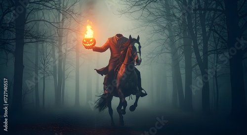 A headless horseman rides through the foggy forest, carrying a flaming pumpkin in his hand.