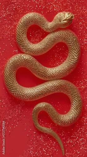 Golden Snake Resting on a Vibrant Red Surface With Sparkling Details