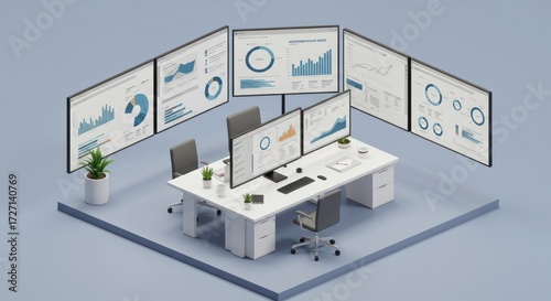 Isometric office space with data charts on screens and workstations