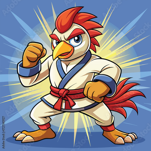 A determined cartoon rooster dressed in a white martial arts gi with a red belt, striking a fighting stance. The dynamic background suggests energy and action.