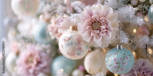 close-up of Christmas tree decorated with pastel ornaments and flowers, delicate baubles in soft pastel shades of pink, mint, cream and baby blue, elegant floral details on ornaments