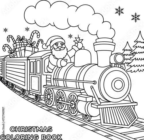 Santa claus driving a big steam train coloring book page isolated on transparent background