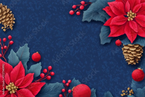 Holiday Floral Design Featuring Poinsettias and Pine Cones on a Deep Blue Bac...