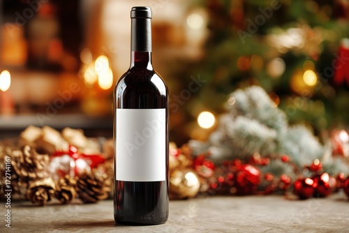 Elegant Red Wine Bottle Beside Festive Gifts and Decorations for a Cozy Holid...