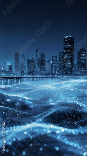 City Skyline With Digital Waves Glowing Under Night Sky Near Water