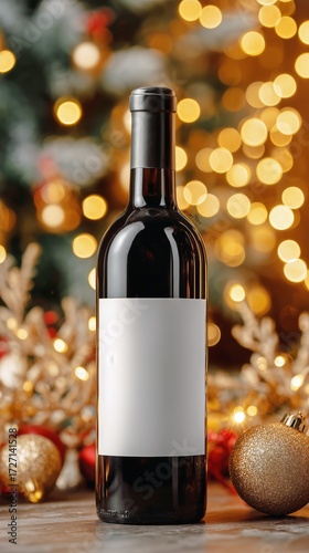 Elegant Red Wine Bottle Stands out Against Festive Lights and Decorations