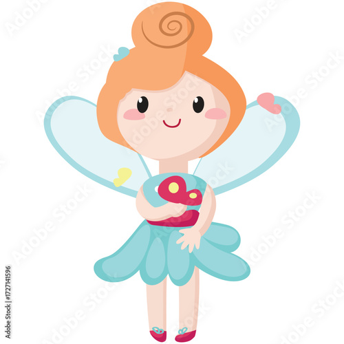 Cute fairy vector illustration. Cartoon magic girl character with butterfly. Fairytale princess in costume with wings. Fantasy little forest pixie angel isolated on white background