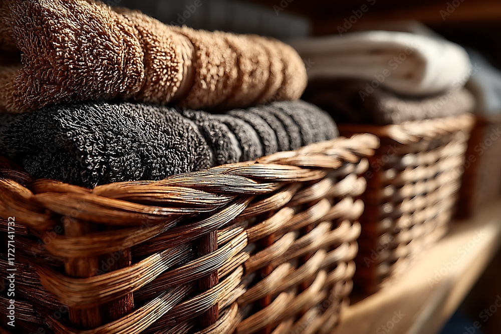 Obraz premium Decorative wicker basket filled with soft towels high resolution picture