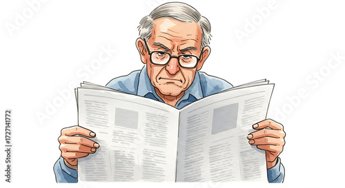 An elderly man with glasses reading a newspaper with a serious expression on a black background
