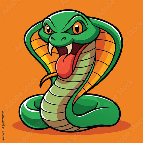 A stylized cartoon cobra with a menacing expression, hood flared, and tongue extended. This striking reptile image is perfect for adding a touch of danger and intrigue.