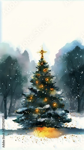 Winter Scene With a Decorated Christmas Tree Surrounded by Snow and Trees in ...