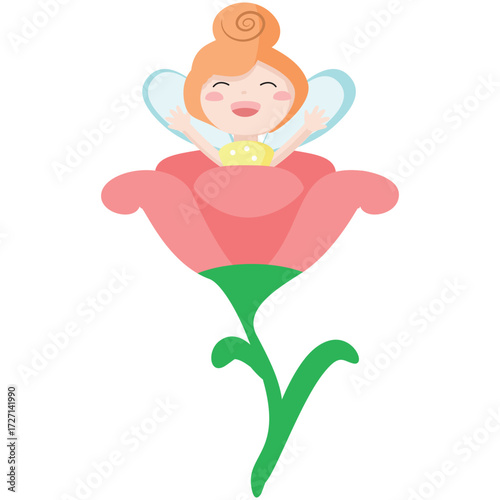 Cute fairy vector illustration. Cartoon magic girl character with wings. Fairytale princess in costume sitting on flower and waking up. Fantasy little forest pixie isolated on white background