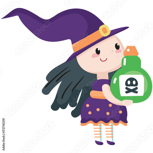 Halloween witch girl vector in witchcraft hat and costume dress illustration icon isolated on white background. Cute child wizard sorcerer carrying poisonous potion flask. Autumn party celebration