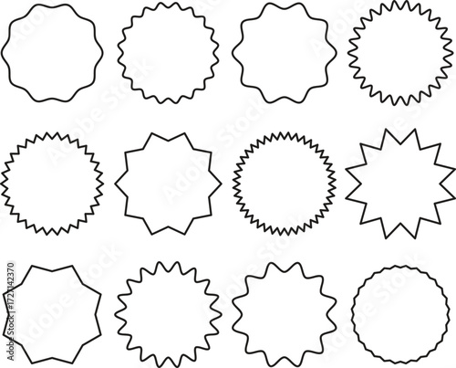 Set of Sale Stickers and Starburst Price Tags. Retro Sunburst Badges, Wavy Edge Promo Labels, Circle Stickers, Quality Mark Tags.Circle sticker set..eps