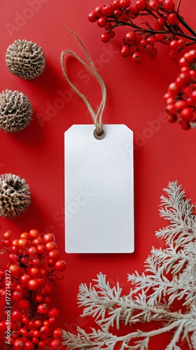 Decorative Red Background With Blank Tag and Festive Elements for Holiday Cel...