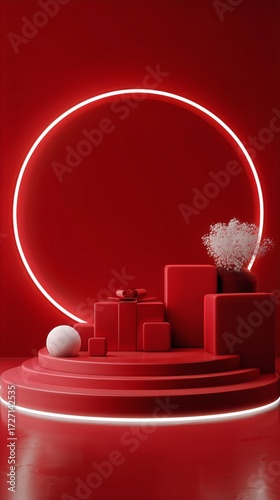 Creative Red Stage Design With Geometric Shapes and Circular Lights for Moder...