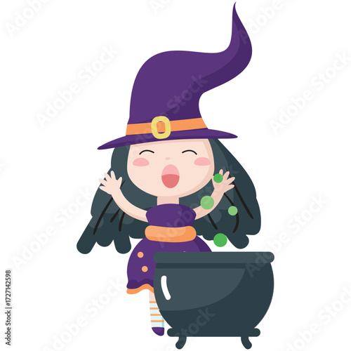 Witch cooking poison halloween cartoon vector. Cauldron with magic potion and cute beautiful girl wizard magician in hat and costume telling spell front of boiling pot isolated on white background