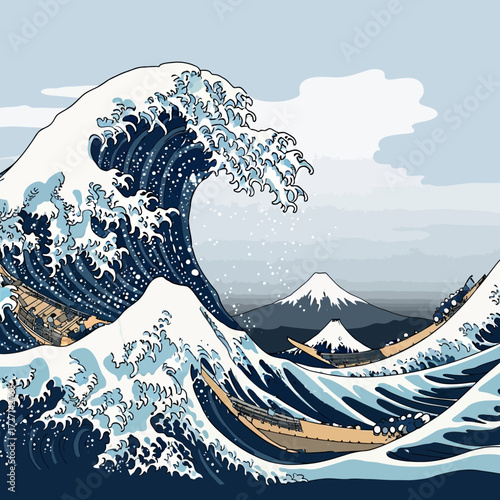 Iconic Great Wave off Kanagawa artwork captures immense ocean power with Mount Fuji backdrop, evoking timeless Japanese artistry and nature's grandeur.