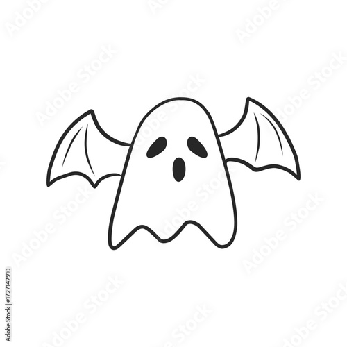 Winged Ghost Hand-Drawn Doodle Outline Vector Illustration