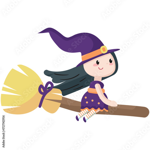 Witch flying on broom vector. Cute magician girl on halloween broomstick isolated icon illustration. Wicked fairy in magic hat isolated on white background
