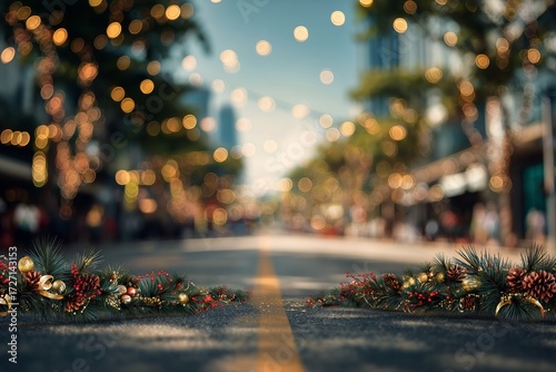 Holiday Decorations Create Festive Atmosphere on a Street During Sunset.
