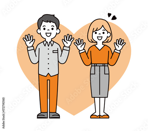 両手を広げて嬉しそうに驚く、若い男性と女性のシンプルな全身ベクターイラスト素材