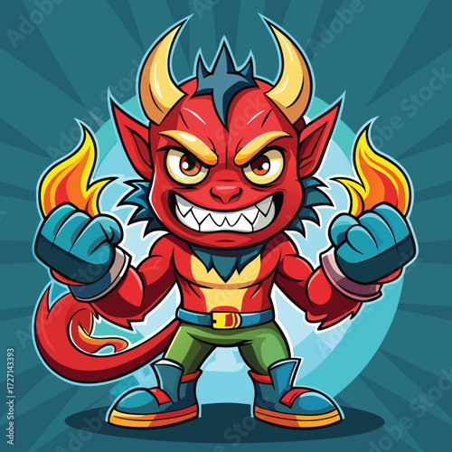 A mischievous red devil character with sharp teeth and burning fists stands ready to cause trouble. This character design features horns, a tail, and a determined expression.