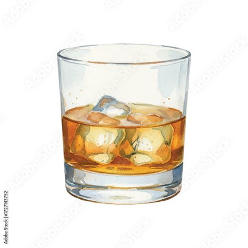 Watercolor Whiskey Vector Illustration Isolated on White Background, Classic Glass of Whiskey with Ice Clipart for Bar, Pub, Party and Alcohol Menu