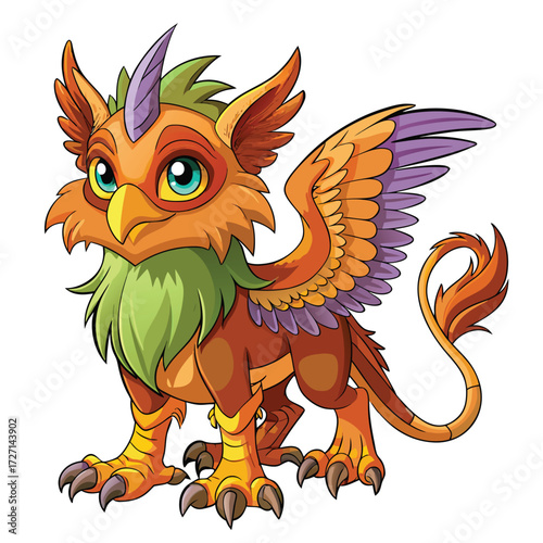 A whimsical, brightly colored griffin character with large eyes, feathered wings, and a long tail. This mythical creature is ready for fantasy adventures.